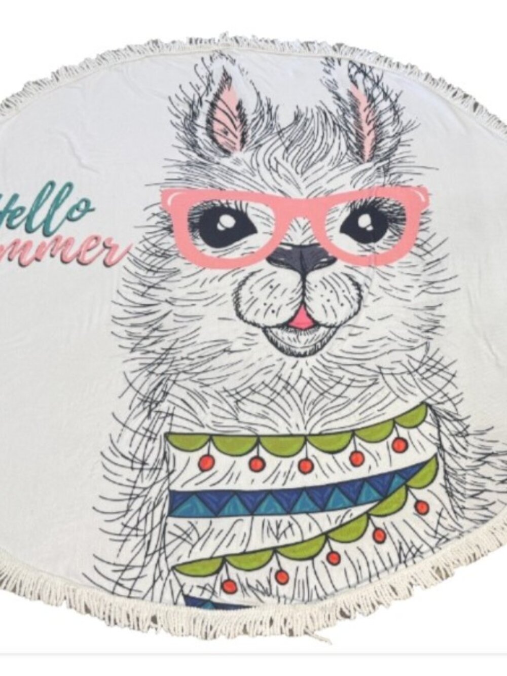 Round Beach Blanket Towel Hello Summer Llama Alpaca 58 in Fringed Oversized Pool